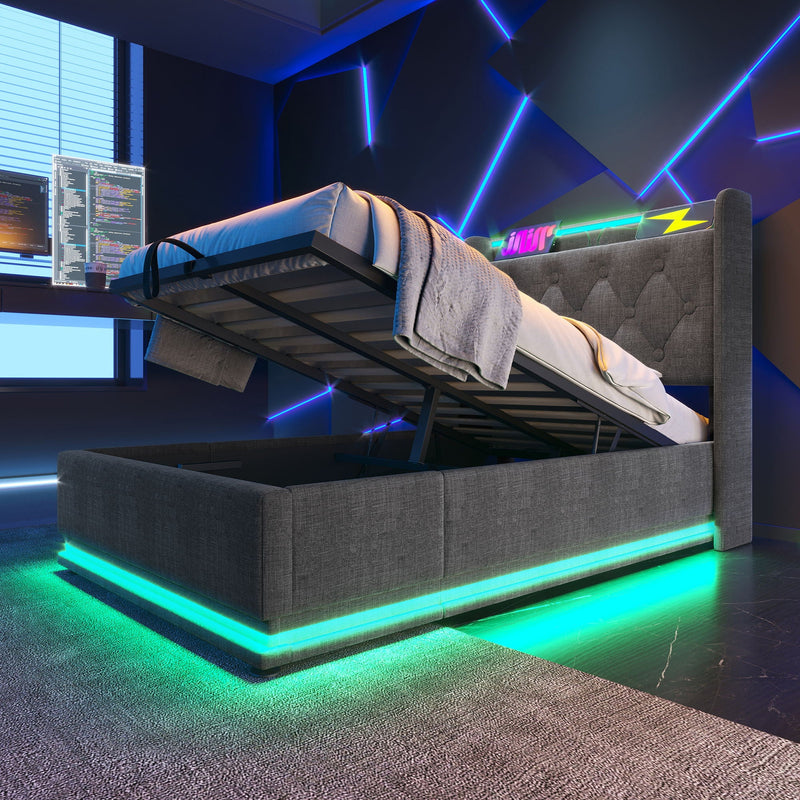 Upholstered Bed, 360 Surround LED Function, Remote Control, Hydraulic Storage Bed With USB, Type-C Charging (Without Mattress) by HouseOfZazla