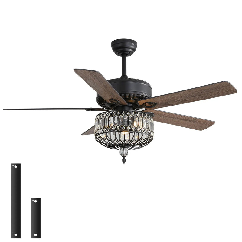Ceiling Fan With Crystal Lampshade, 5 Blades, DC Motor, 6 Speed Remote Control, 1 / 4 / 8 Hour Timer - Black by HouseOfZazla