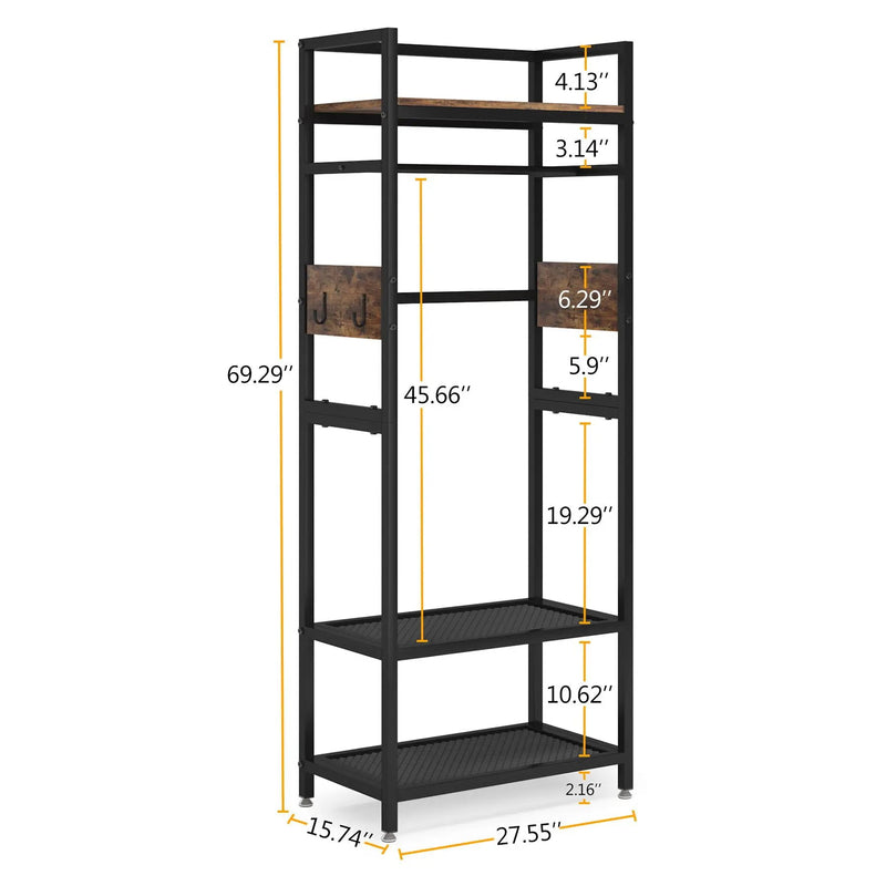 Rack With Hanging Rod, 4 Hooks, Heavy Duty Freestanding Closet Organizer - Brown / Black by HouseOfZazla