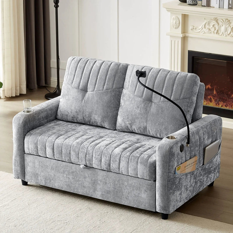 Modern Loveseat Pull Out Sofa Bed With Adjustable Backrest, Two Cup Holders, A Phone Holder, Three Charging Ports And Side Storage Pockets For Living Room by HouseOfZazla