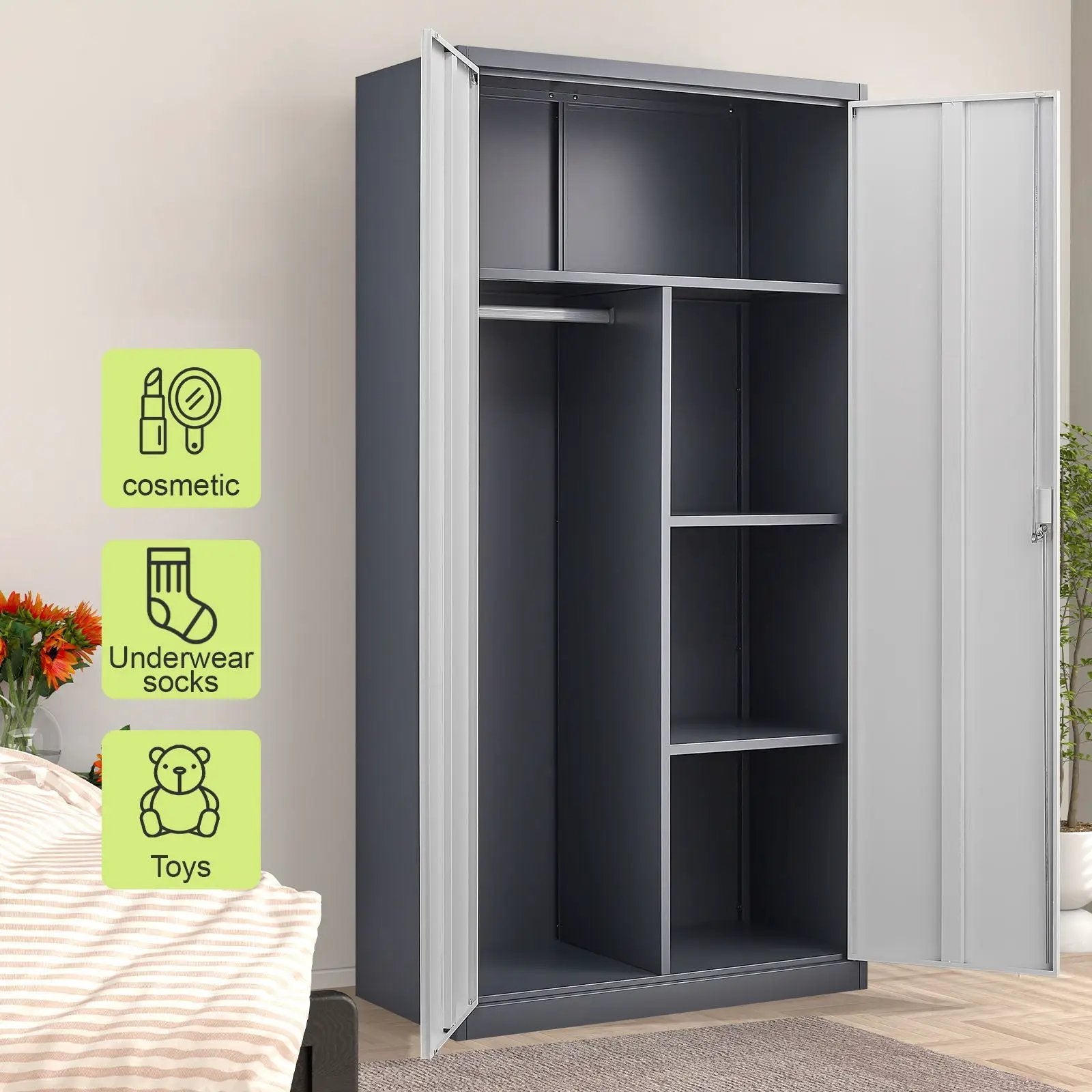 Wardrobe With Hanging Rod And Compartments, Lockable Closet With Locks & Keys For Bedroom - Gray by Unique Piece Furniture