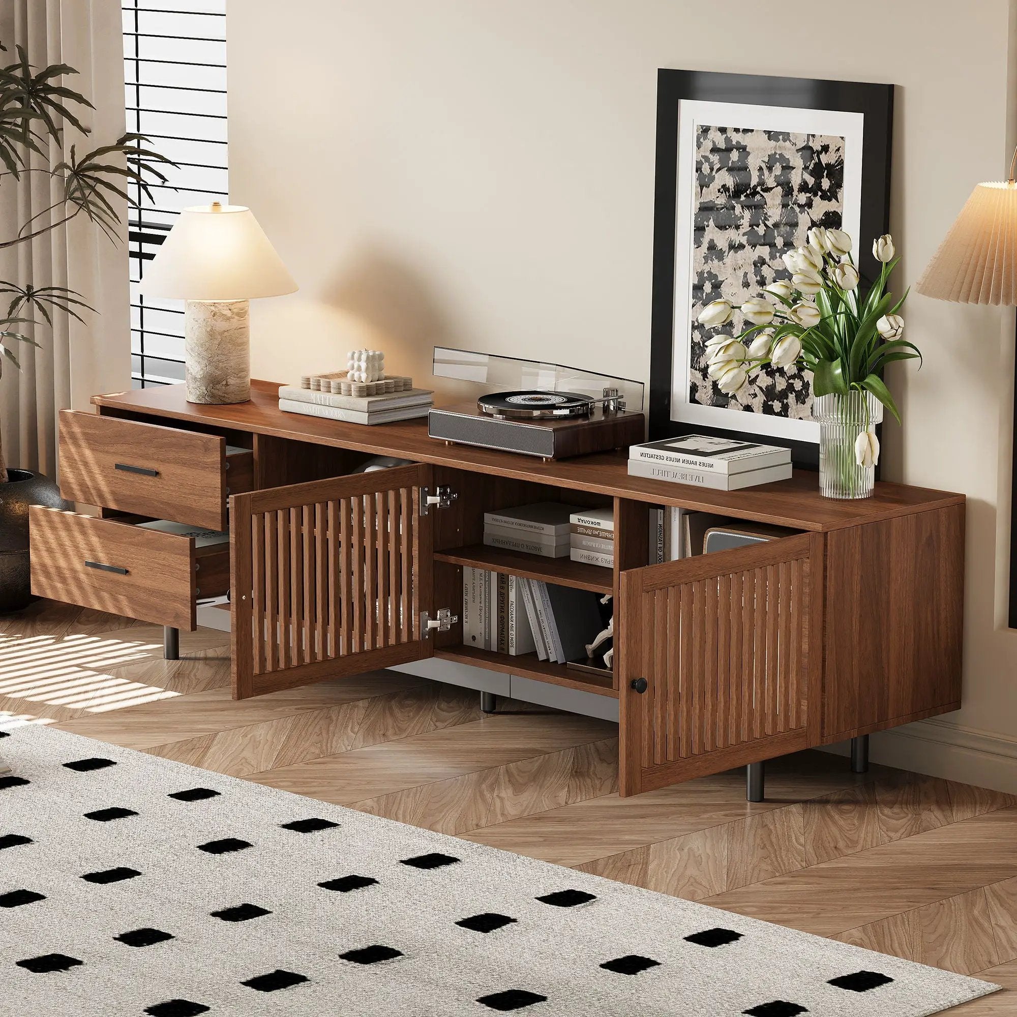 78" TV Stand For TVs Up To 85" Entertainment Center With Deep Drawers & Cable Management, Soft Closing Hinges - Walnut by Unique Piece Furniture