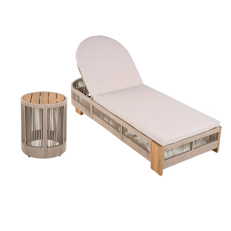 Outdoor Rope Chaise Lounge Set with Adjustable Backrest and Teak Look Side Table by HouseOfZazla