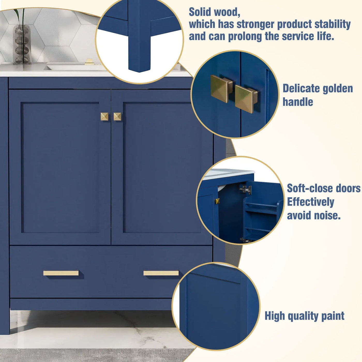 Bathroom Vanity With Single Sink, Combo Cabinet Undermount Sink, Bathroom Storage Cabinet With Two Doors And A Drawer, Soft Closing, Multifunctional Storage, Solid Wood Frame by Unique Piece Furniture