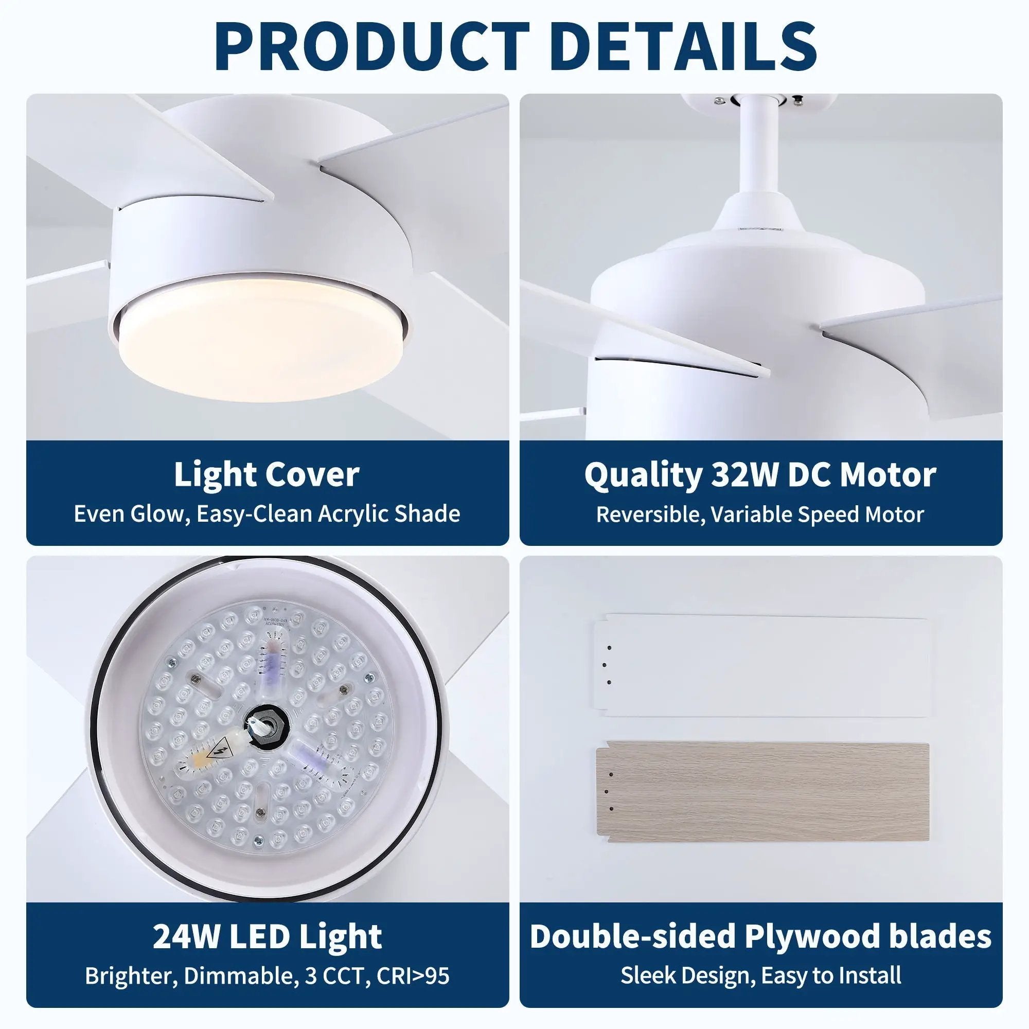 Ceiling Fan With Remote Control, Reversible DC Motor, 6 Speeds, 3 Dimmable LED, Quiet Timer For Indoor - White by HouseOfZazla