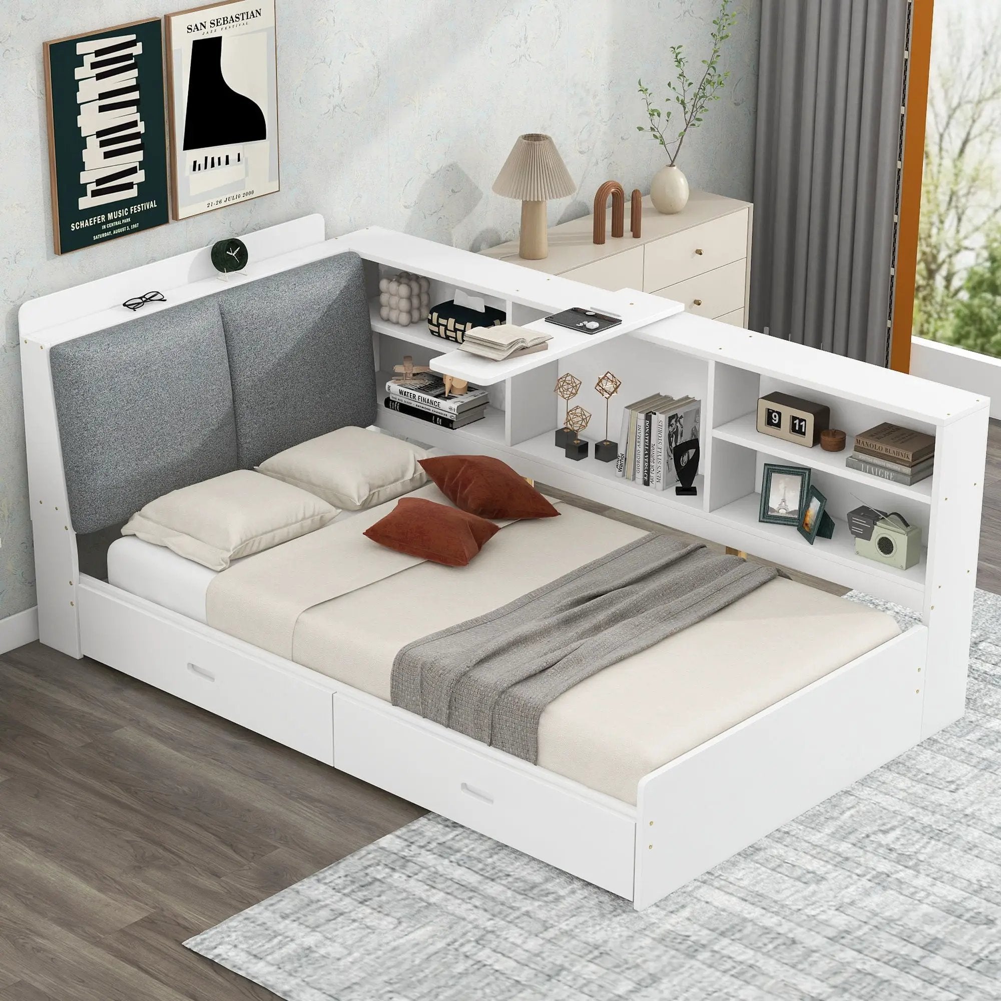 Platform Bed With Storage Headboard, Shelves And 2 Drawers by Unique Piece Furniture