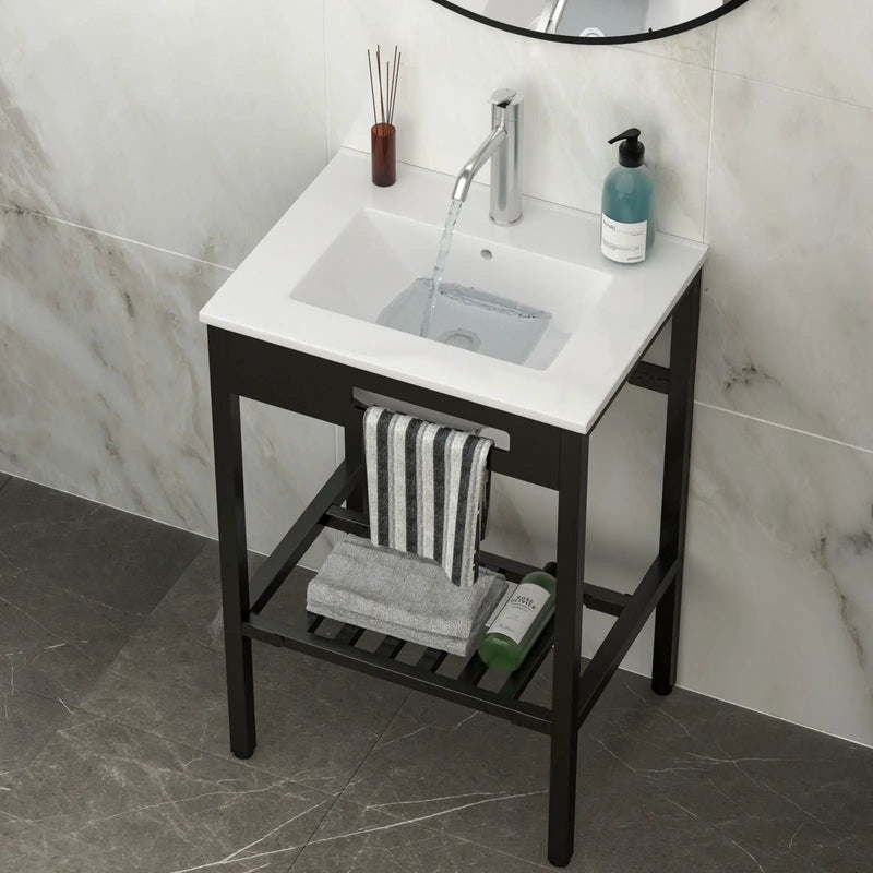 Console Sink With Legs, 24" X 18", Durable Porcela With Frame - White / Black by HouseOfZazla