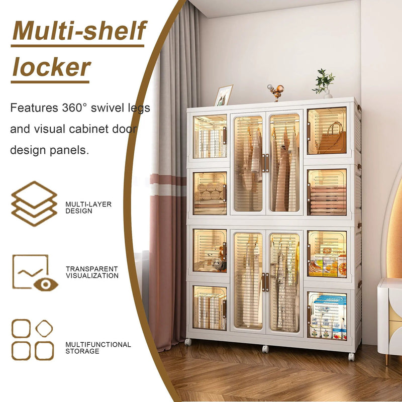 Portable Wardrobe Closet Storage Organizer For Clothes With Magnetic Doors, 12 Cubes & 2 Hanging Rods - White by HouseOfZazla