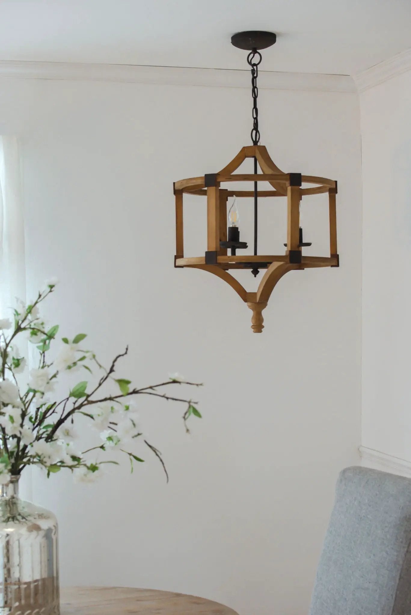 3 Light Wood Drum Chandelier, Hanging Light Fixture With Adjustable Chain For Kitchen, Bulb Not Included - Brown by Unique Piece Furniture
