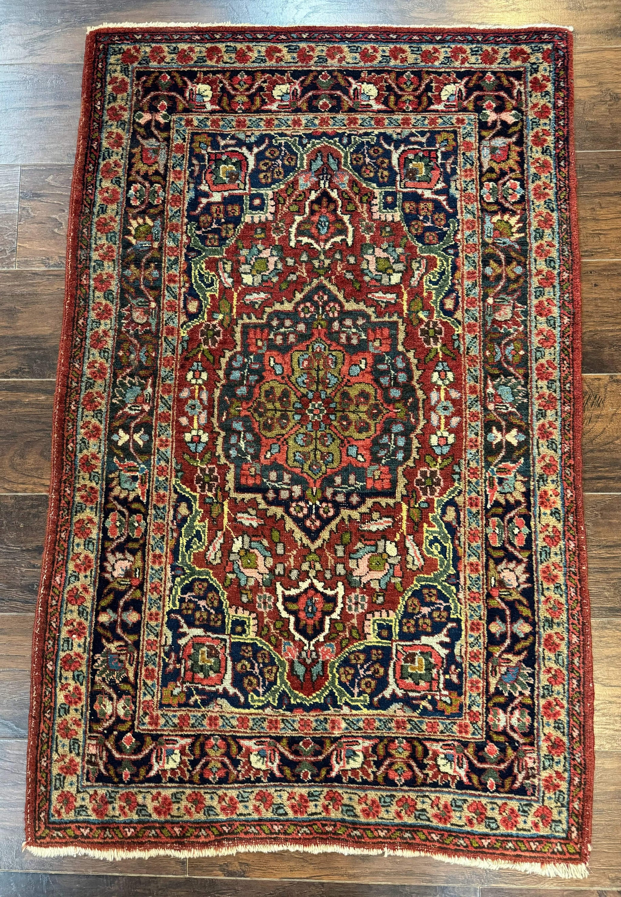 Antique Persian Tabriz Rug 3x5, Brick Red Navy Blue, Floral Medallion, Small Persian Carpet by Jewel Rugs