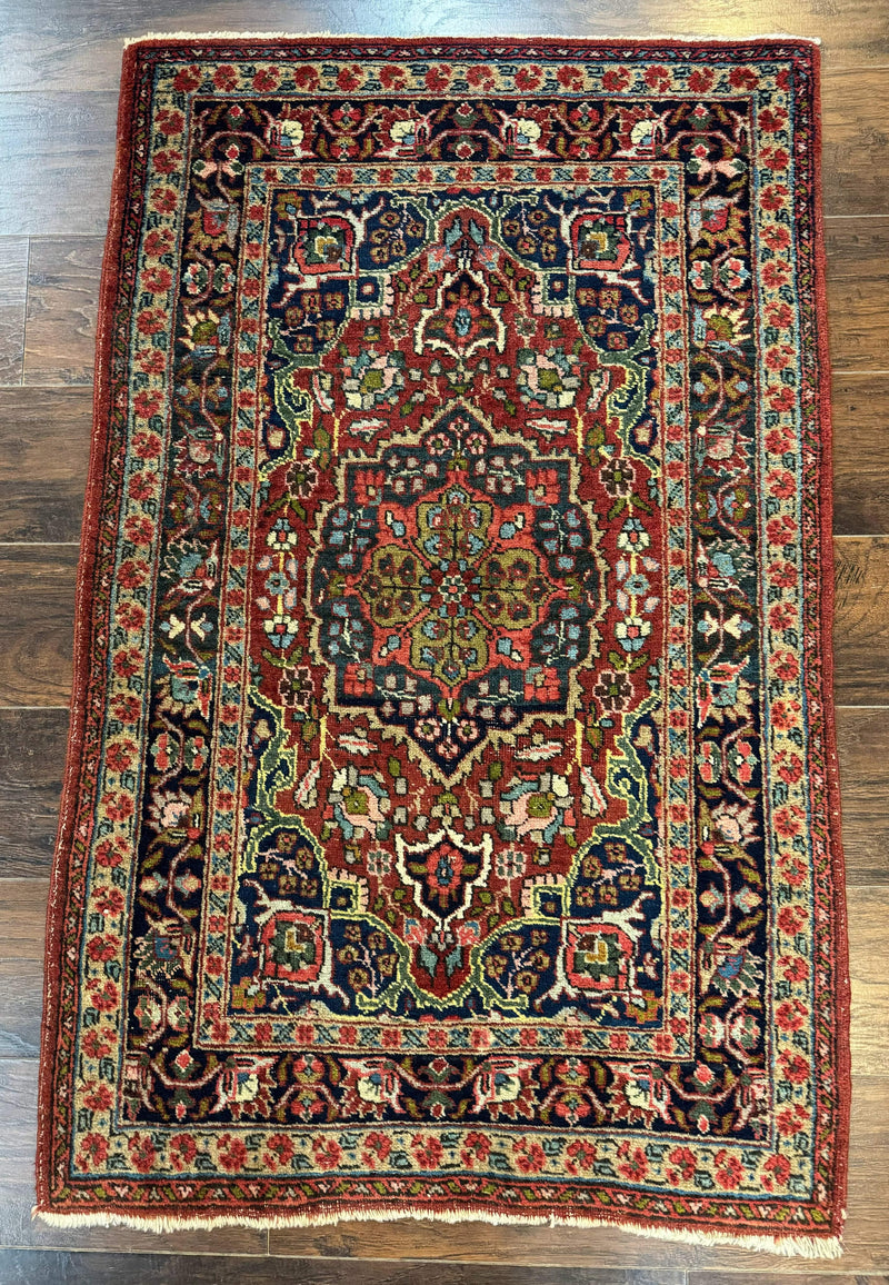 Antique Persian Tabriz Rug 3x5, Brick Red Navy Blue, Floral Medallion, Small Persian Carpet by Jewel Rugs