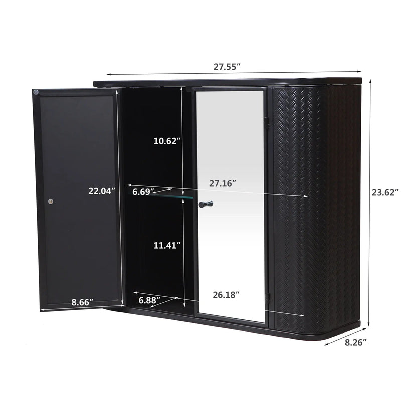 Black Wall-Mounted Bathroom Cabinet with Mirror, 2 Mirrored Doors & Open Shelf, photo 8 of 10