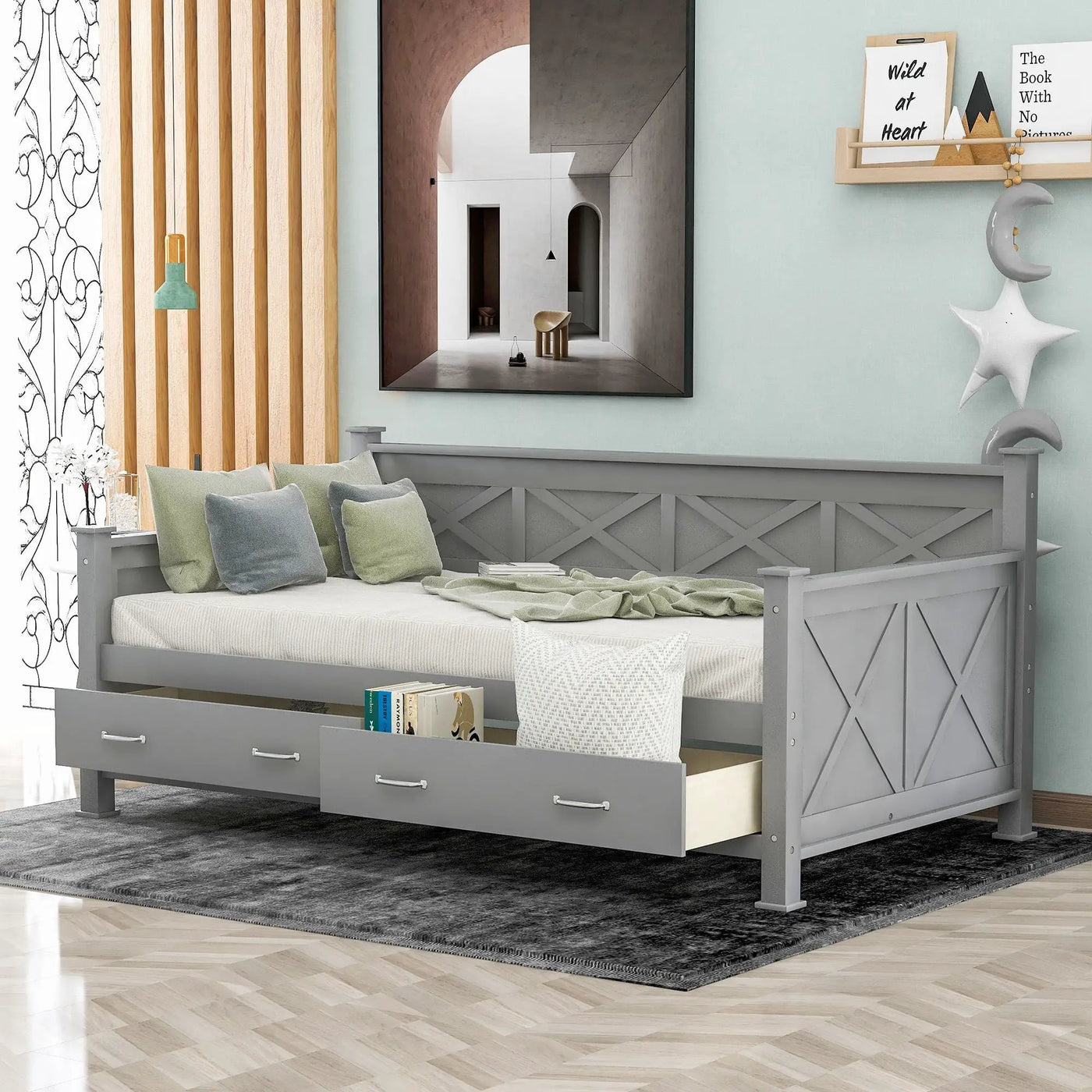 Modern Daybed With 2 Large Drawers, X Shaped Frame by Unique Piece Furniture