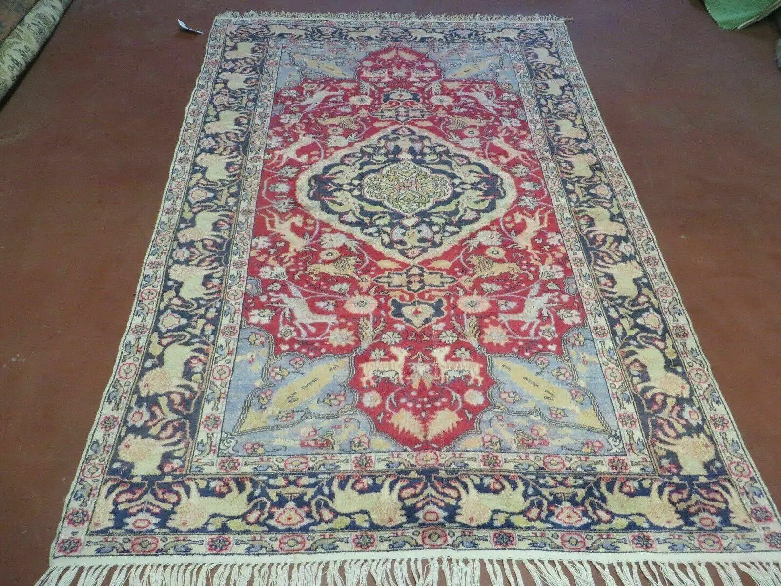 Antique Silk Turkish Kayseri Rug 4.5 x 6.7, Animal Pictorials Lions Deer Floral Medallion, Red Light Blue Navy, Hand Knotted Oriental Carpet by Jewel Rugs