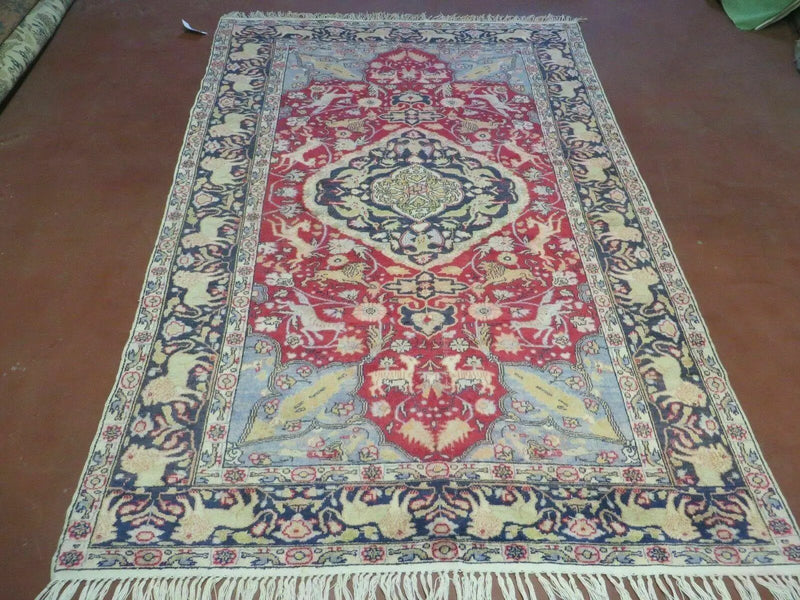 Antique Silk Turkish Kayseri Rug 4.5 x 6.7, Animal Pictorials Lions Deer Floral Medallion, Red Light Blue Navy, Hand Knotted Oriental Carpet by Jewel Rugs