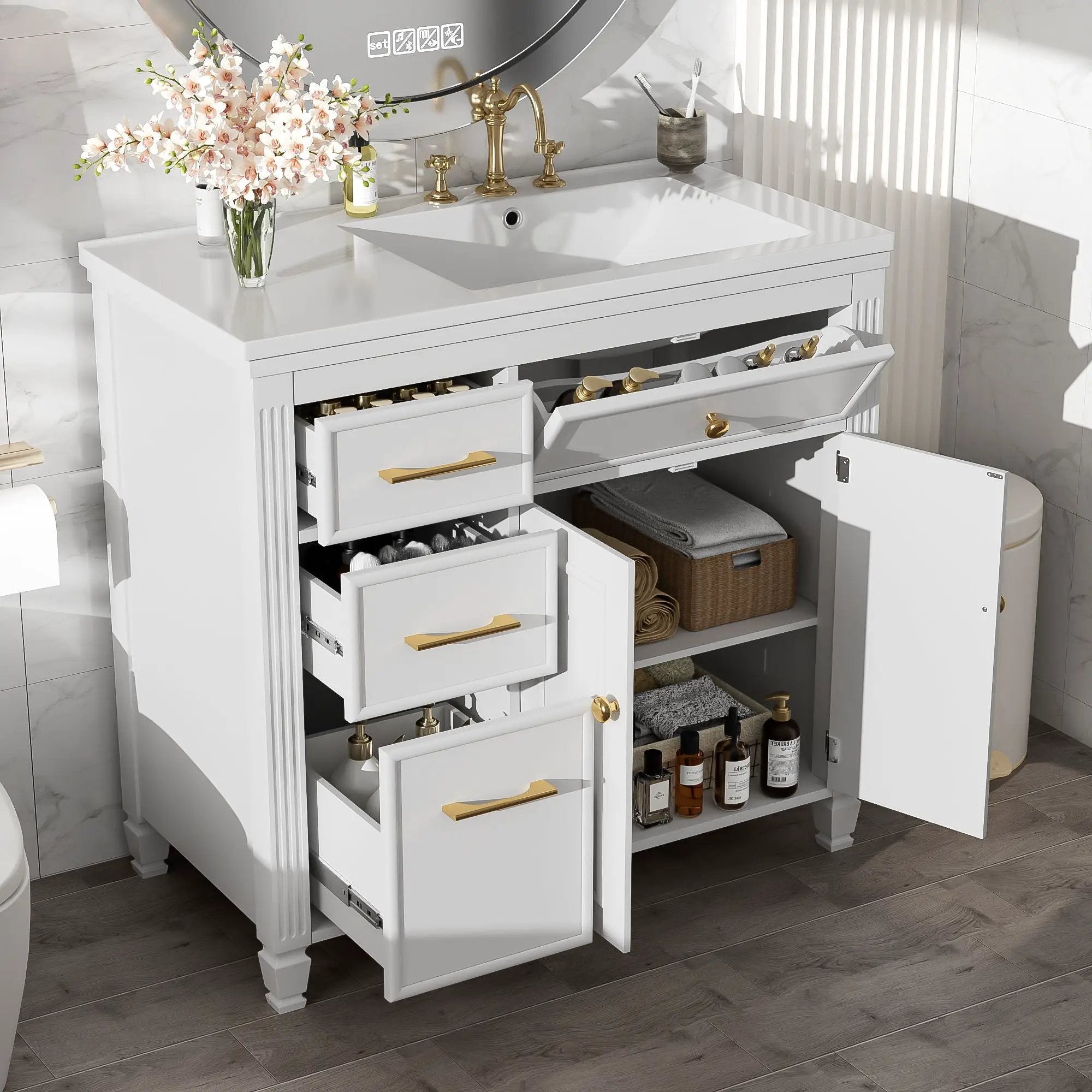 Modern Bathroom Vanity With Ceramic Sink, Freestanding