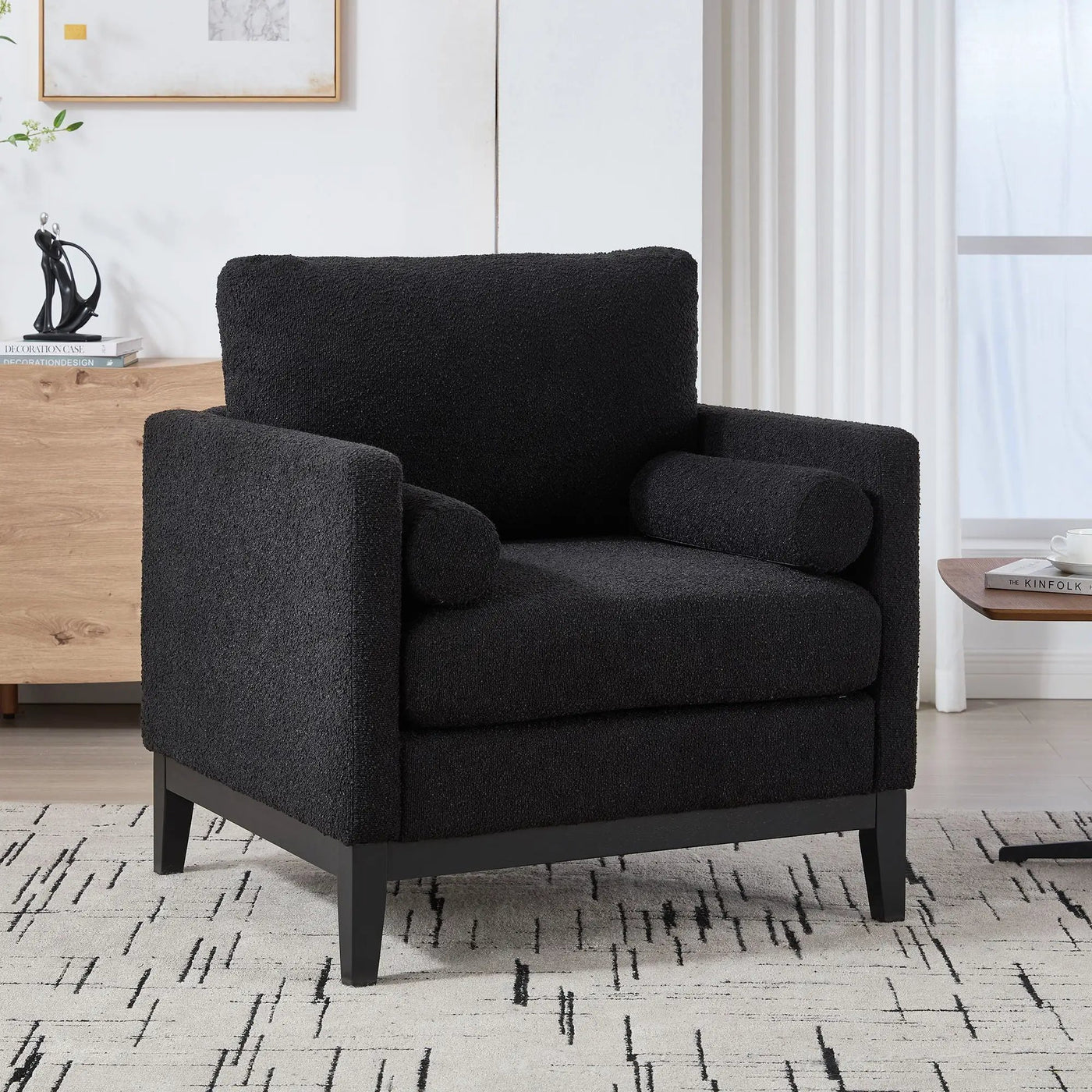 Wide Modern Farmhouse Performance Accent Chair With Legs, Wood Base by HouseOfZazla