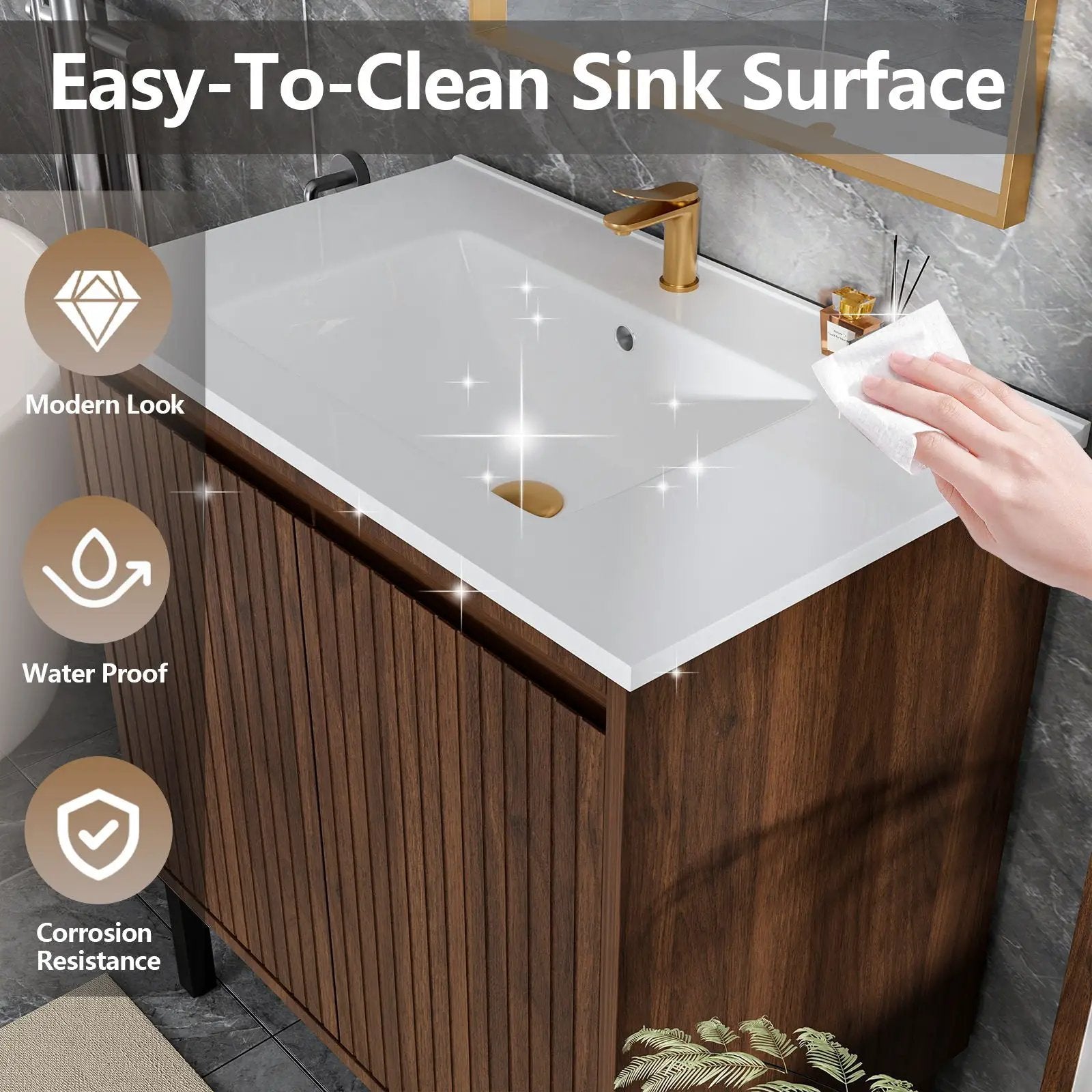 Bathroom Vanity With Ceramic Sink, Floor-Standing Design, Soft-Closing Drawers