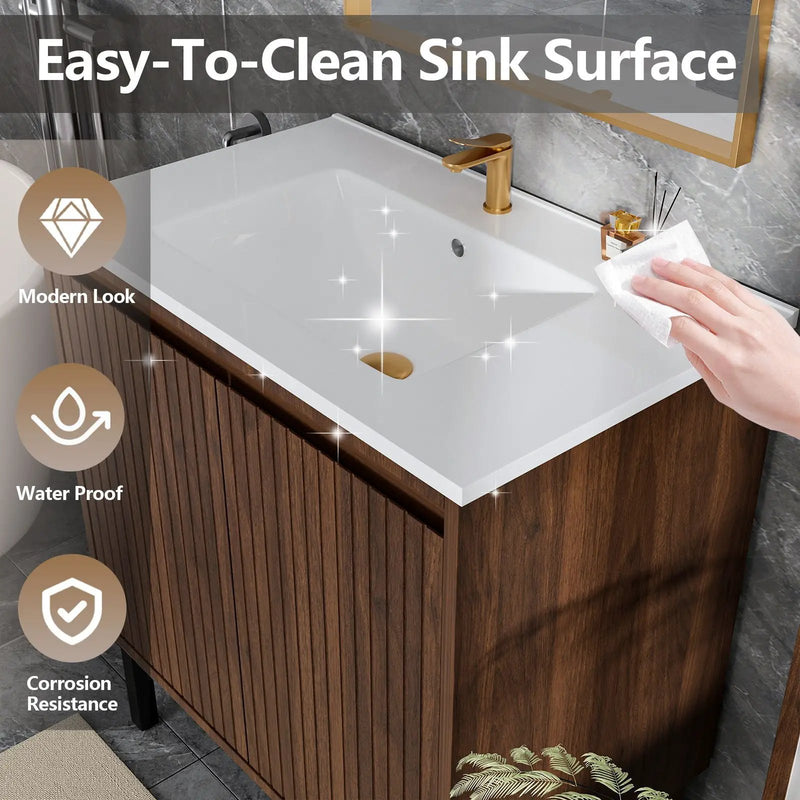 Bathroom Vanity With Ceramic Sink, Floor-Standing Design, Soft-Closing Drawers
