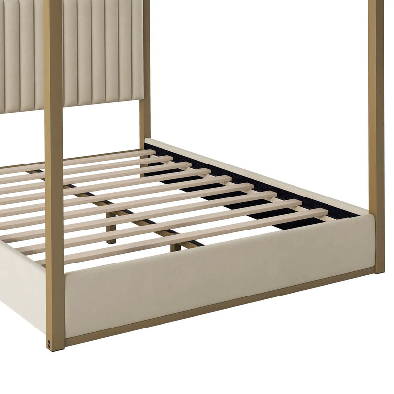 Upholstered Canopy Platform Bed With Frame, Queen Size - Beige by Unique Piece Furniture