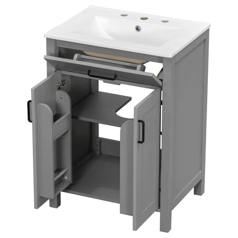 Bathroom Vanity With Ceramic Sink, Soft Close Doors, Flip Drawer, Double Layer Door Shelves by HouseOfZazla