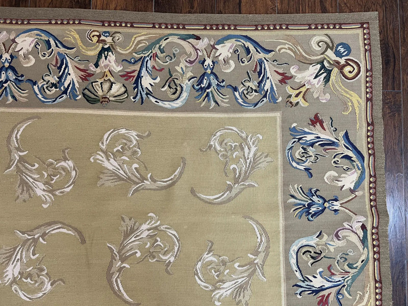 Vintage Aubusson Flatweave Area Rug 9x12, Aubusson Weave, Wool, Beige, Handmade, French European Design, 8'9" x 11'9" by Jewel Rugs