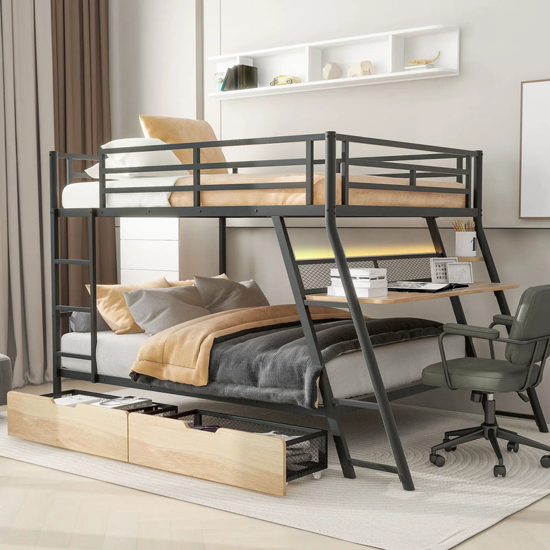 Full Size Bunk Bed With Built In Desk, Light, And 2 Drawers - Black by HouseOfZazla