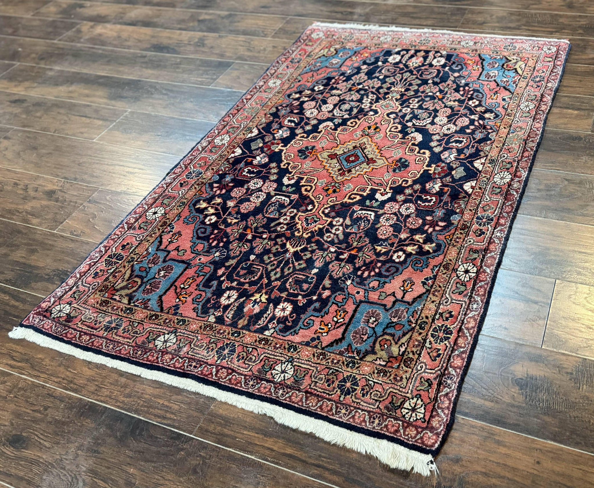 Persian Rug 3x5, Jozan Sarouk Rug, Navy Blue and Coral, Medallion Rug, Semi Antique by Jewel Rugs