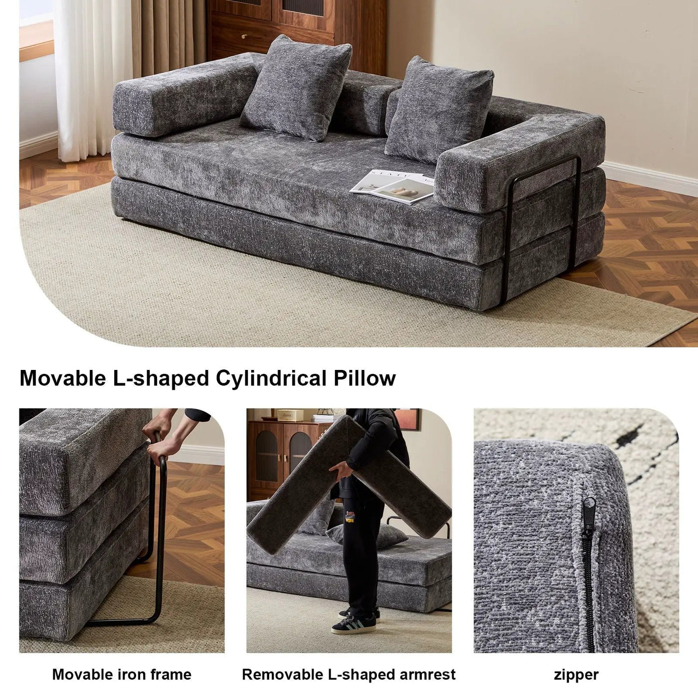 Convertible Floor Sofa Bed With Pillow Back Support Armrest by Unique Piece Furniture