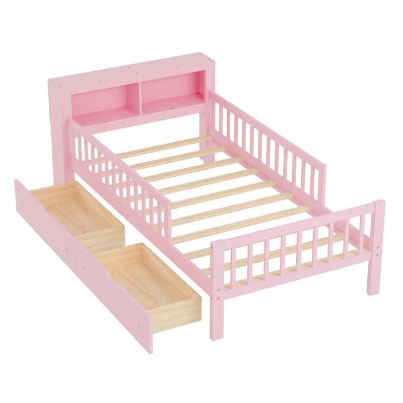 Bed With Headboard Storage Rack, 2 Under Bed Drawers, 3 Side Guardrails For Safety by HouseOfZazla