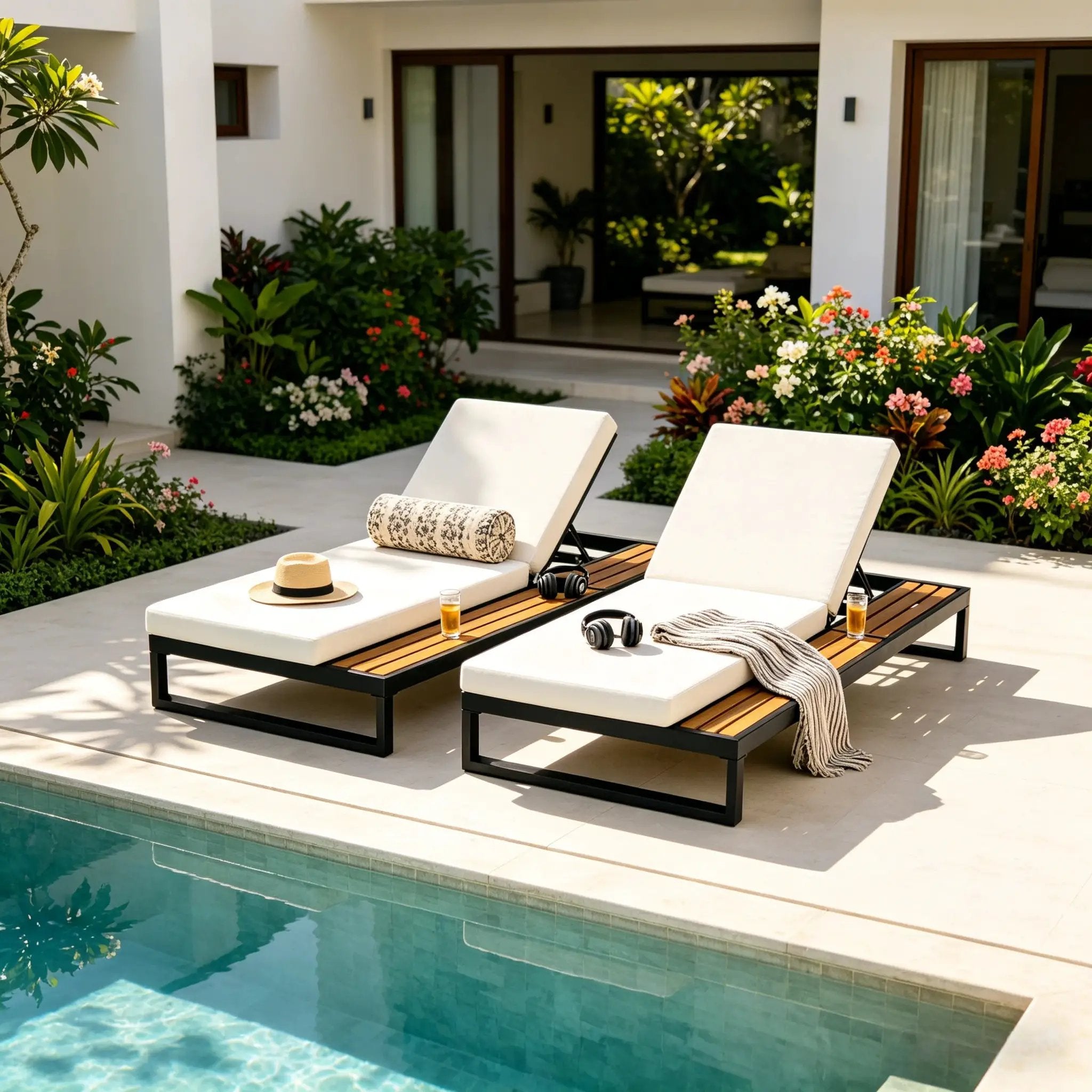 Black Iron & Teak Finish Chaise Lounge Set: 1 Frame + 1 2-Fold by HouseOfZazla