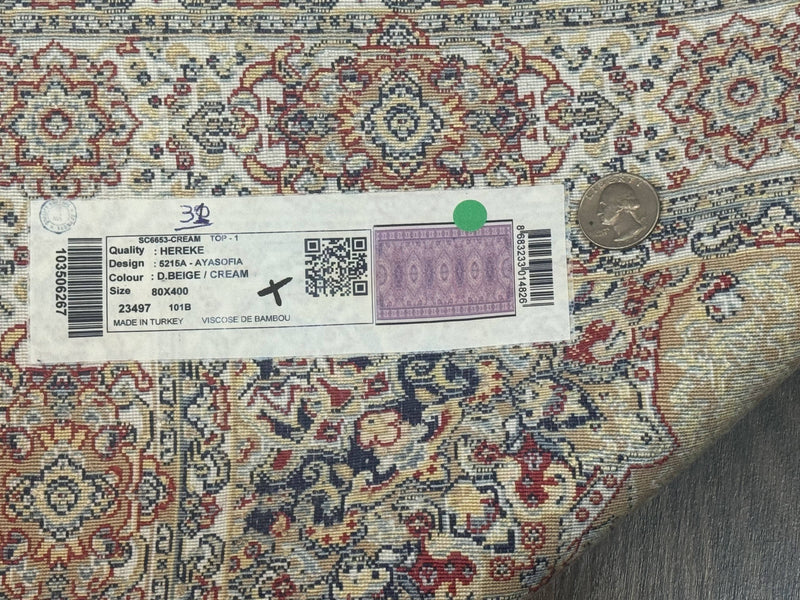 Turkish Silk Runner Rug 2.6 x 13, Dome Design, Hereke Runner, Bamboo Silk, New by Jewel Rugs
