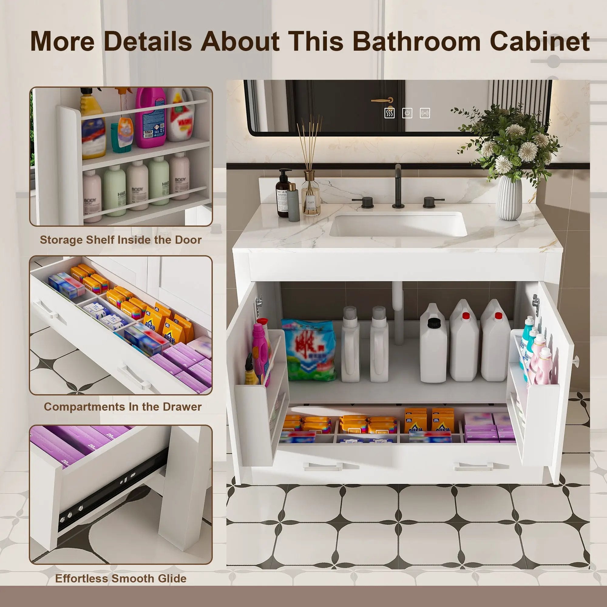 43" Bathroom Vanity, Multi Functional Cabinet With Doors And Drawer - White by Unique Piece Furniture