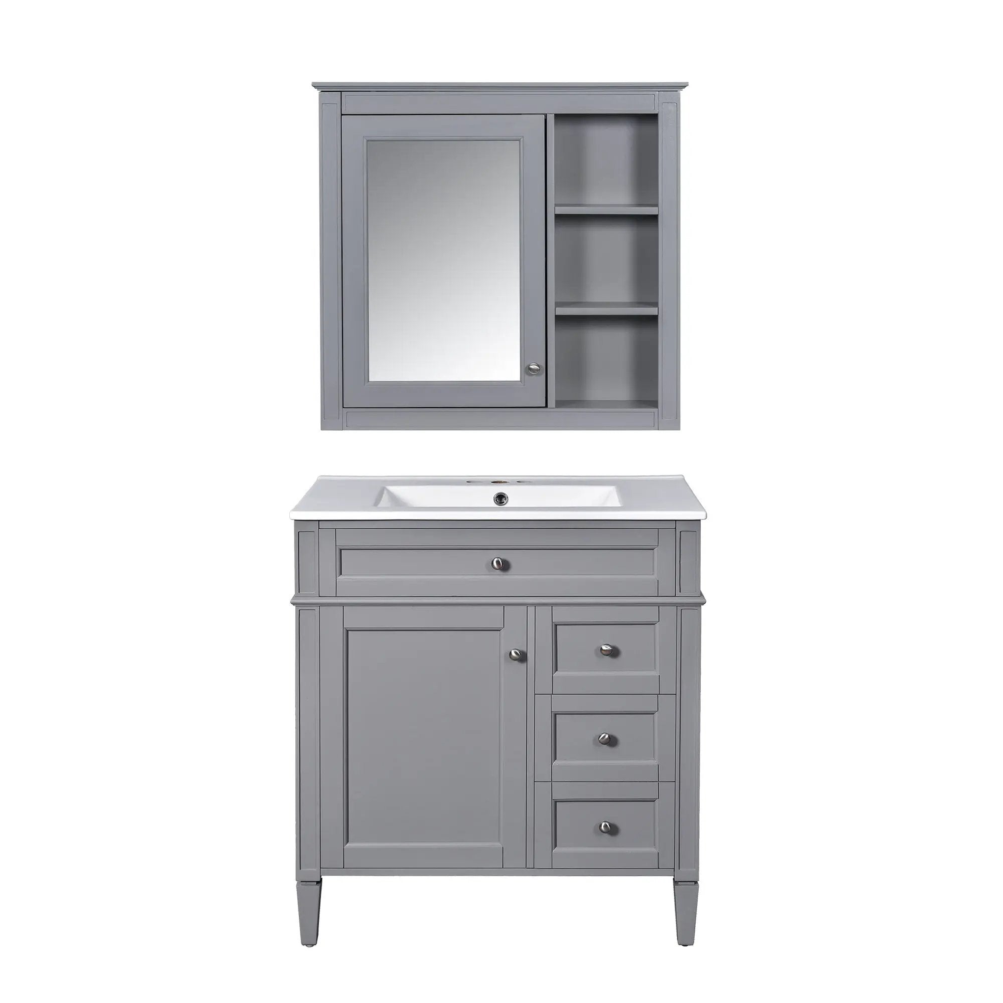 Bathroom Vanity With Top Sink, Freestanding Storage Cabinet With 2 Doors And 3 Drawers, Mirror Cabinet Included - Gray by Unique Piece Furniture
