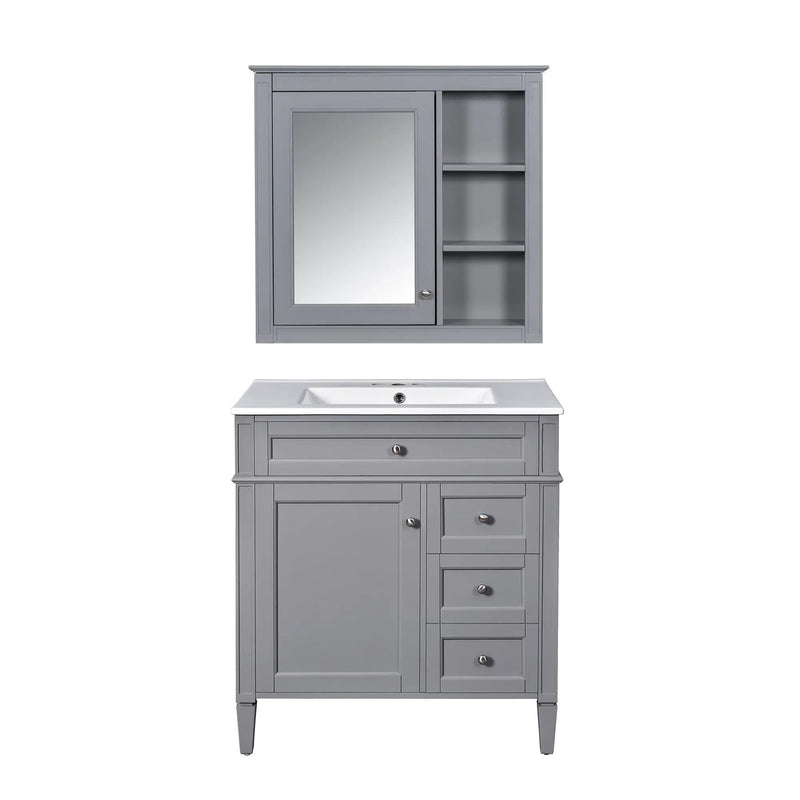 Bathroom Vanity With Top Sink, Freestanding Storage Cabinet With 2 Doors And 3 Drawers, Mirror Cabinet Included - Gray by Unique Piece Furniture