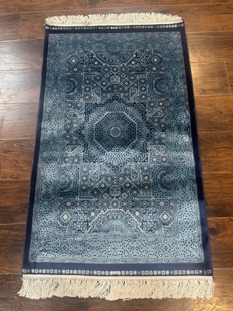 Blue Turkish Silk Hereke Rug 2.6 x 4, Mamluk Red, Blue, Bamboo Silk by Jewel Rugs