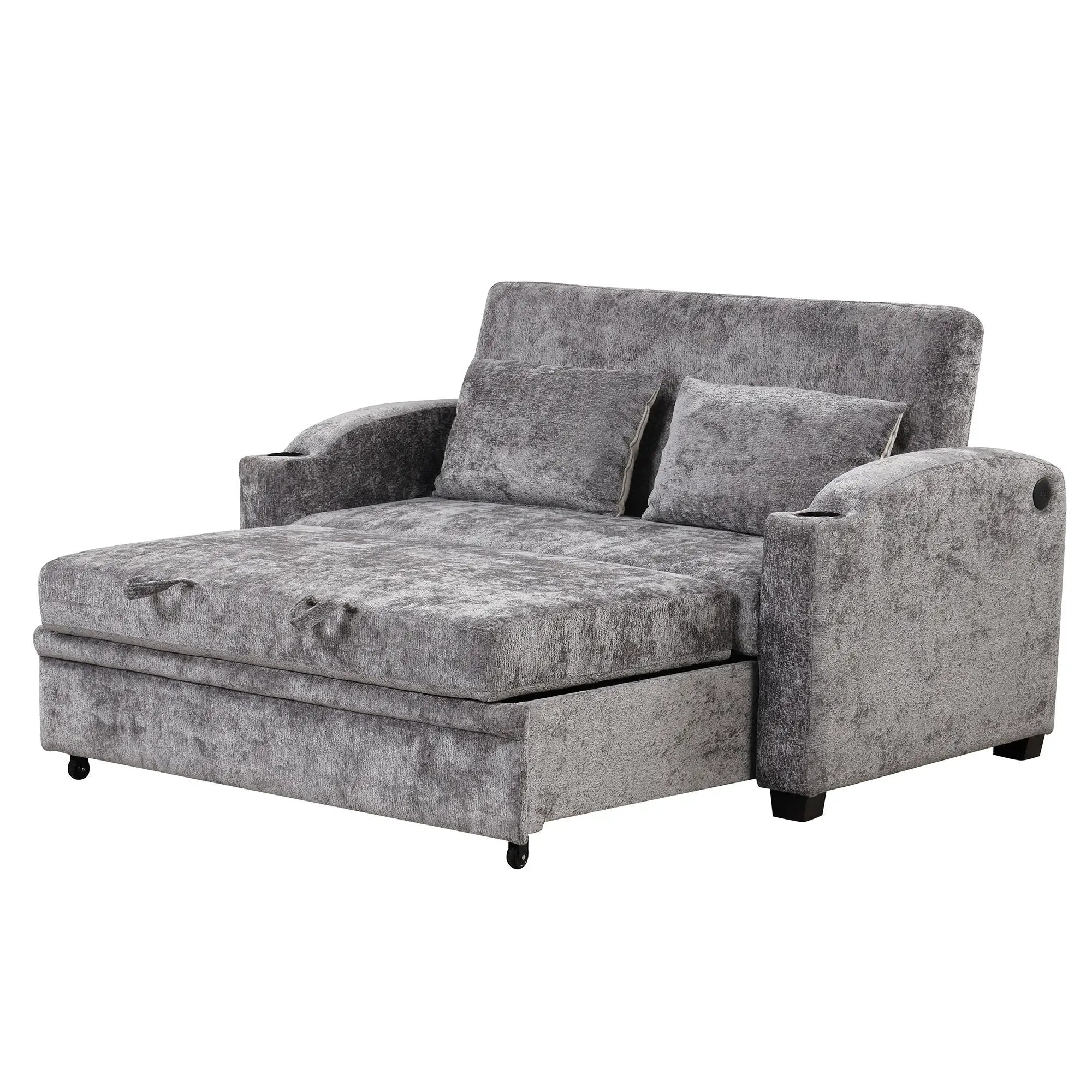 Pull Out Loveseat Sofa With Adjsutable Backrest, 2 Pillows, Cup Holders, USB Ports For Living Room by HouseOfZazla