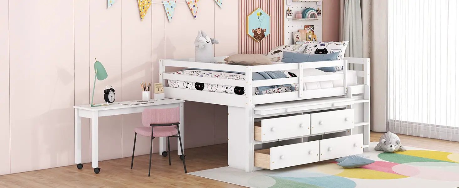 Loft Bed With Retractable Writing Desk And 4 Drawers, With Lateral Portable Desk And Shelves by HouseOfZazla