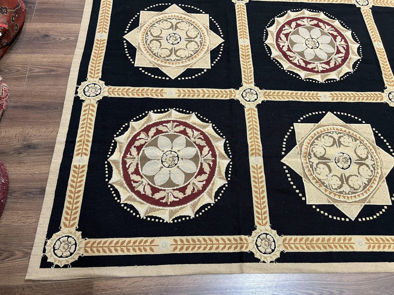 Large Needlepoint Rug 10x13, Panel Design, Black and Beige, Wool Needlepoint Carpet 10 x 13, English Garden, Handwoven Area Rug, Living Room by Jewel Rugs