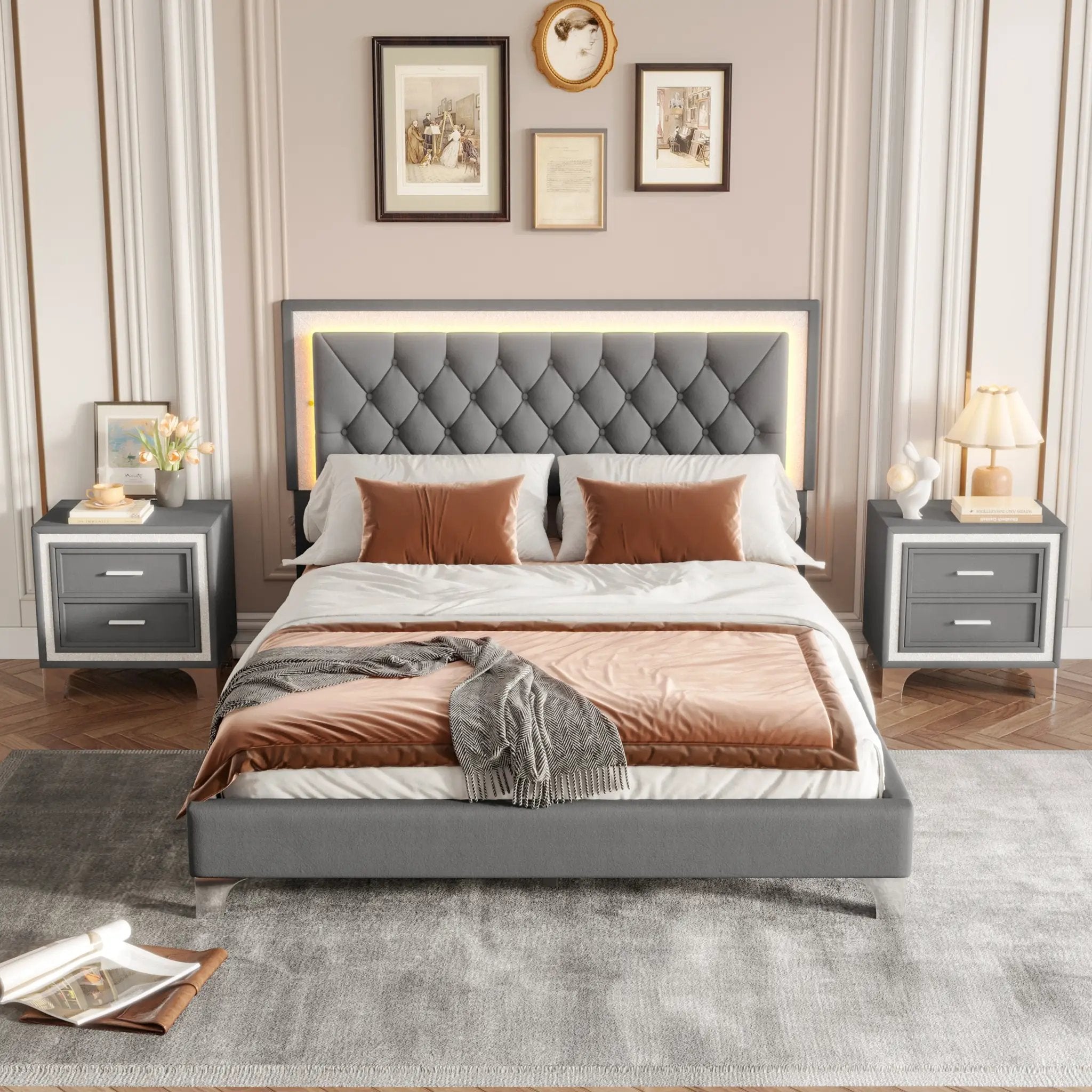 3-Pieces Bedroom Set, Queen Size Upholstered Platform Bed with LED Lights and Two Nightstands - Gray by HouseOfZazla
