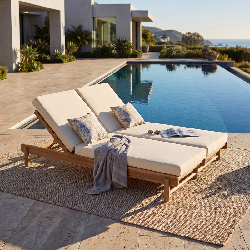 Light Teak Acacia Wood Double Chaise Lounger Set