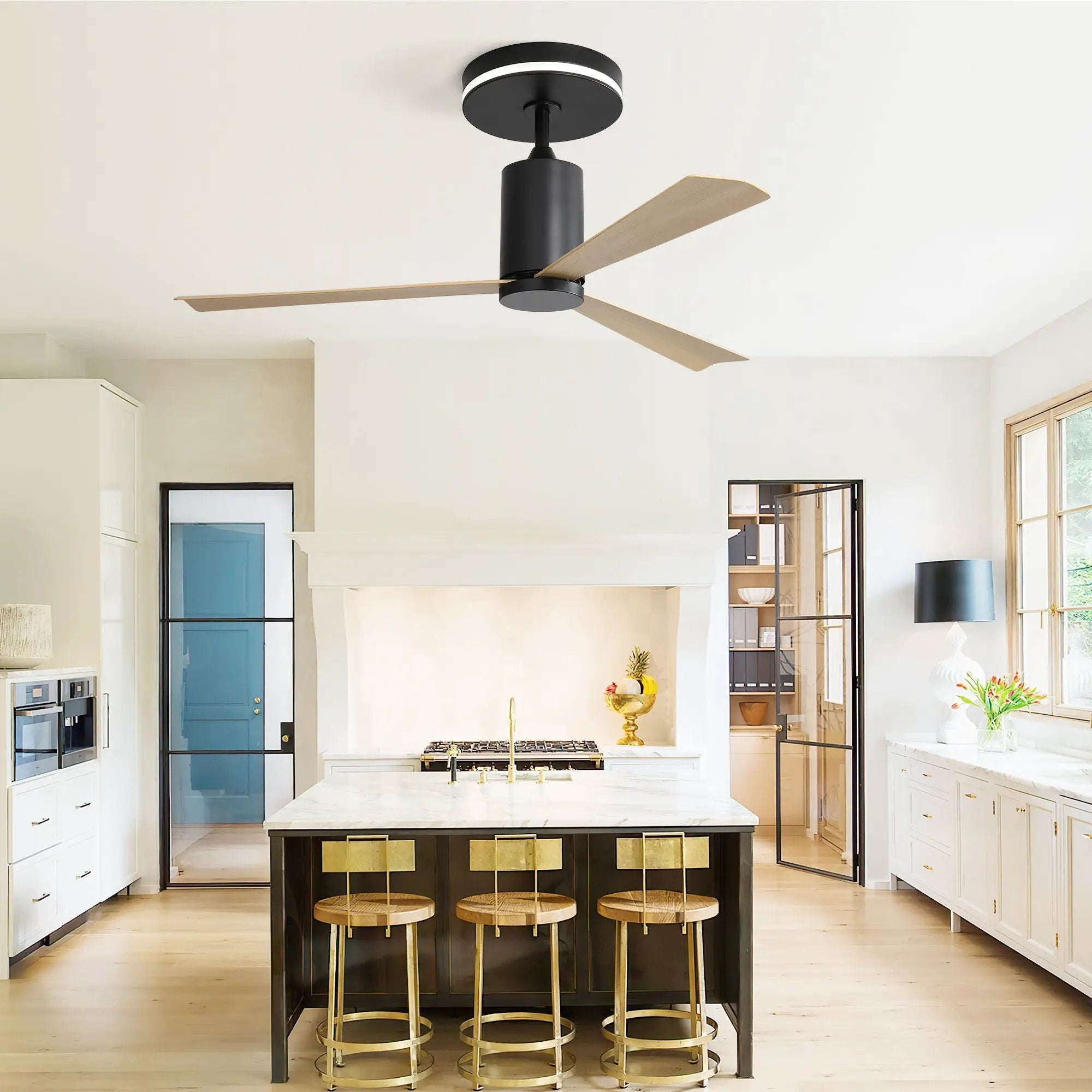 Modern Flush Mount Ceiling Fan With Led Light And Remote Control, 3 ABS Blades Noiseless Reversible Dc Motor For Patio Living Room - Matte Black by Unique Piece Furniture