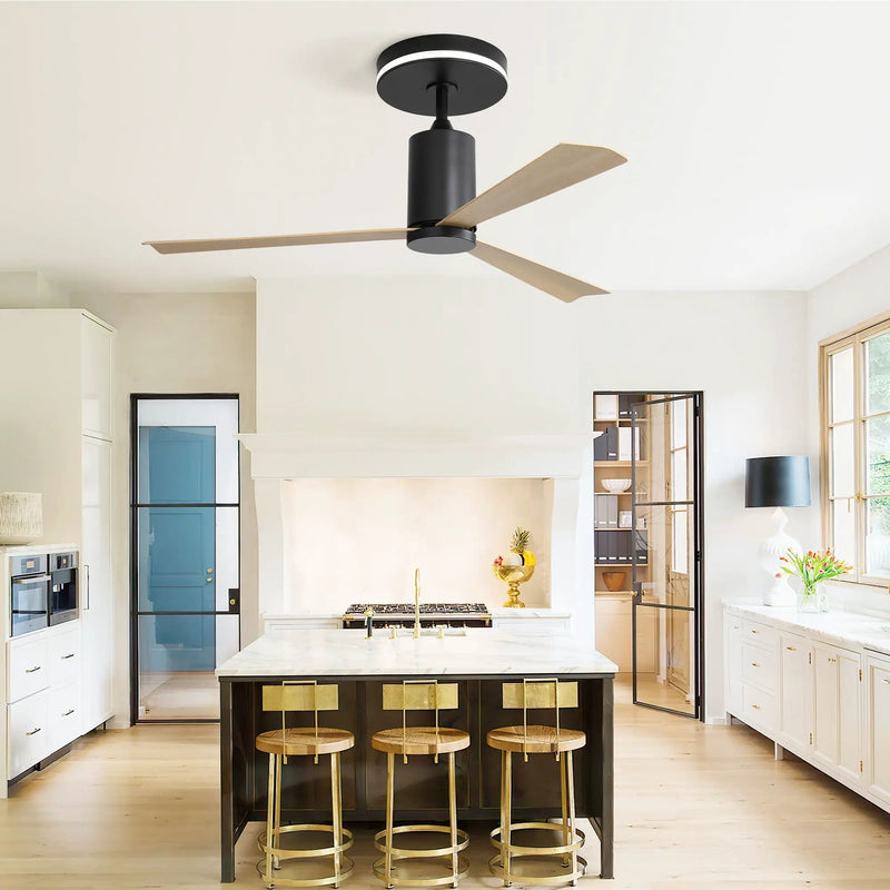 Modern Flush Mount Ceiling Fan With Led Light And Remote Control, 3 ABS Blades Noiseless Reversible Dc Motor For Patio Living Room - Matte Black by Unique Piece Furniture