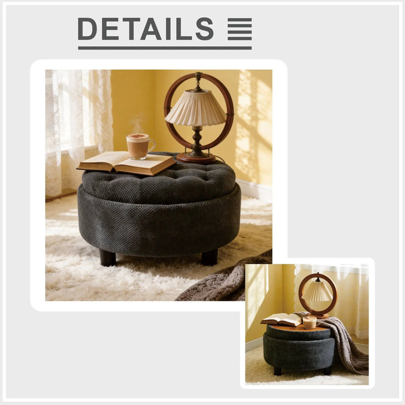 25 Inch Round Storage Ottoman with Tray by HouseOfZazla