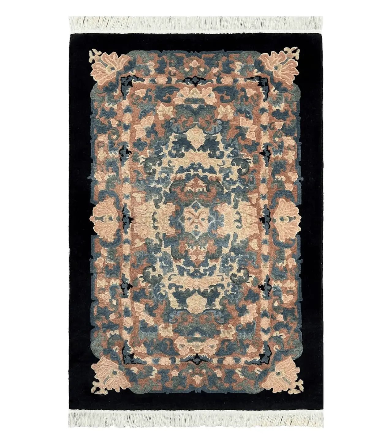 Chinese Art Deco Rug 3x5, Black and Beige Chinese Carpet 3 x 5, Vintage Rug, 1950s Rug, Floral Rug, Handmade Rug, Art Deco Rug, Wool Rug by Jewel Rugs