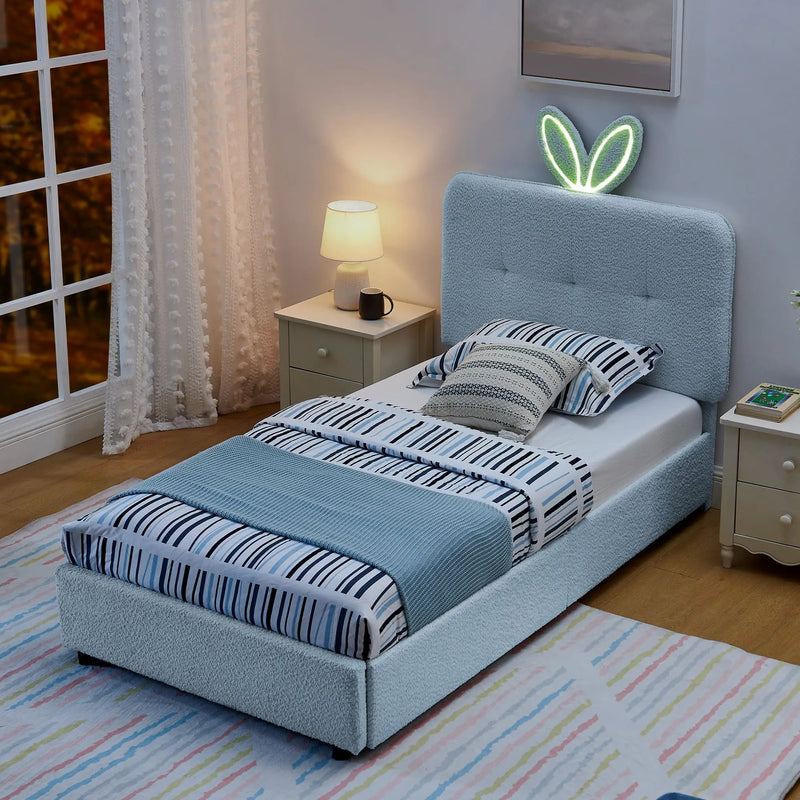Twin Size Kids Upholstered Bed with Oversized Rabbit Ear Headboard by HouseOfZazla
