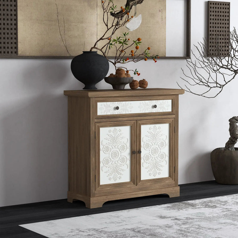 Accent Cabinet With Carved Floral Panels, Sideboard With Drawer And Double Doors - Antique Brown / White by HouseOfZazla
