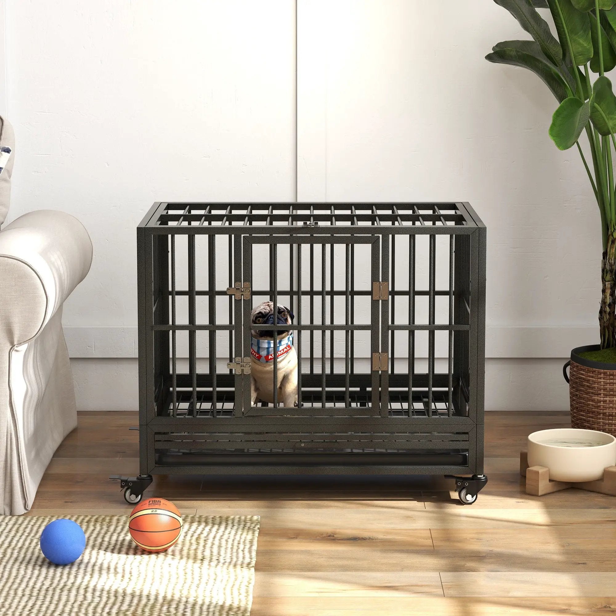 Pawhut - 36" Heavy Duty Dog Crate Metal Cage Kennel With Lockable Wheels, Double Door And Removable Tray - Gray by HouseOfZazla