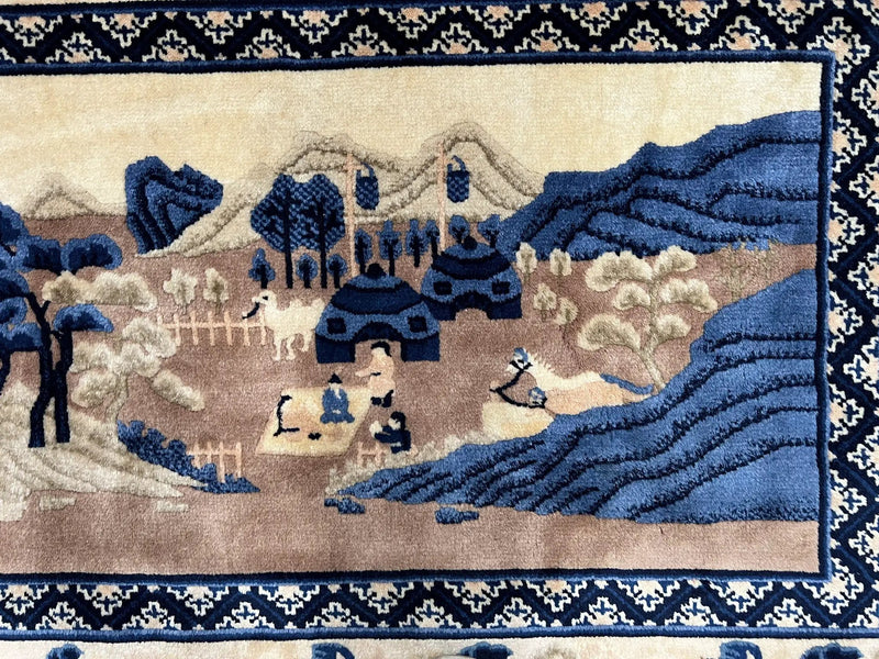 Antique Chinese Pictorial Rug 2.7 x 5, Chinese Village and Hills Carpet, Beige and Dark Blue, Handmade, Horizontal Rug Wall Hanging Tapestry by Jewel Rugs