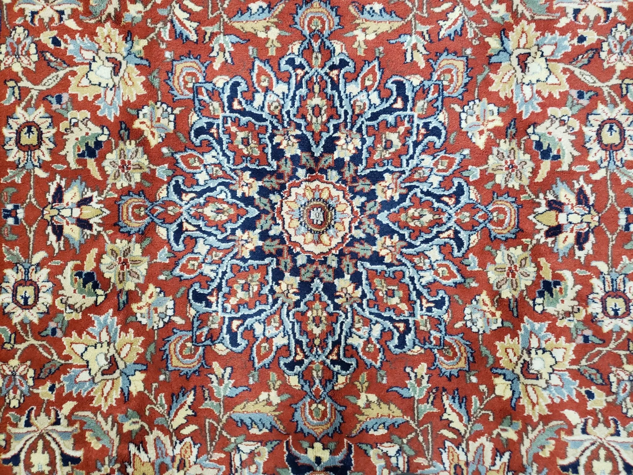 Vintage Indo Persian Oriental Rug 6 x 9.6, Wool Hand-Knotted Red Dark Blue & Gold Indian Carpet, 6 x 9 Office Room Rug, Floral Medallion by Jewel Rugs